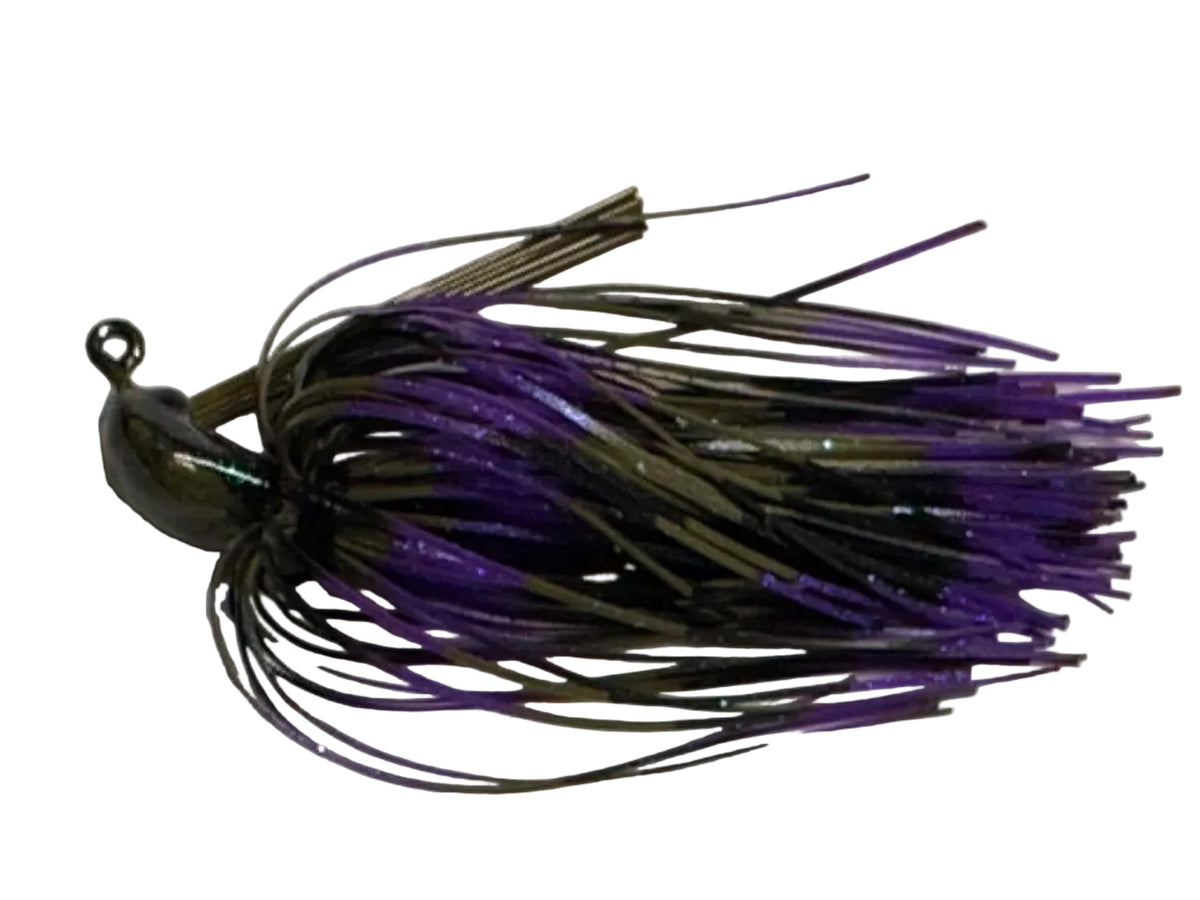 Purple, Green Pumpkin and black skirt with a green pumpkin and junebug head make this a remarkable flipping jig color.