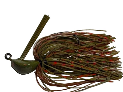 Green Pumpkin with a green pumpkin and red skirt material that make this an excellent fish catching color.