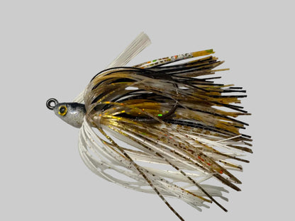 Florida Golden Shiner pattern swim jig, gold, black, white, gold glitter.